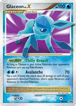 Lv. X Pokémon card Glaceon LV.X 98/100 from Majestic Dawn expansion