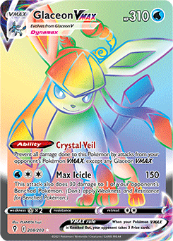 Rainbow VMAX Pokémon card Glaceon VMAX 208/203 from Evolving Skies expansion