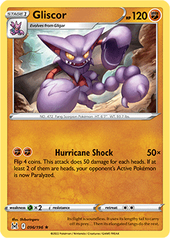 Rare Pokémon card Gliscor 096/196 from Lost Origin expansion