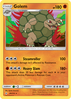 Rare holo Pokémon card Golem 89/214 from Unbroken Bonds expansion