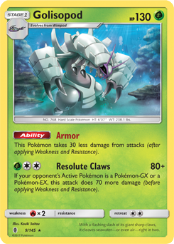 Rare holo Pokémon card Golisopod 9/145 from Guardians Rising expansion