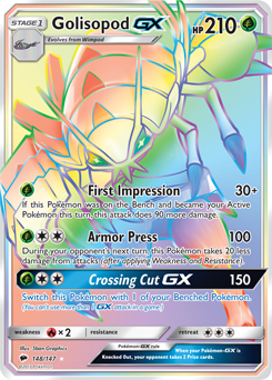 Secret Rainbow GX Pokémon card Golisopod GX 148/147 from Burning Shadows expansion