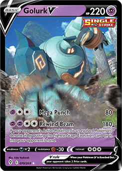 Ultra rare V Pokémon card Golurk V 70/203 from Evolving Skies expansion