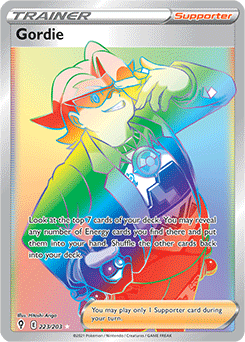 Rainbow Trainer Pokémon card Gordie 223/203 from Evolving Skies expansion