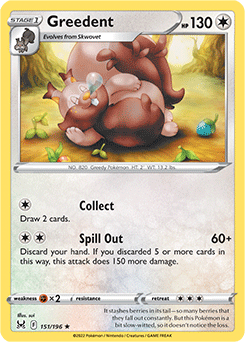 Rare Pokémon card Greedent 151/196 from Lost Origin expansion