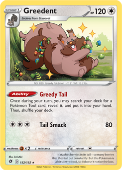 Rare Pokémon card Greedent 152/192 from Rebel Clash expansion