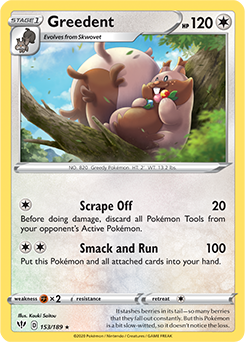 Rare Pokémon card Greedent 153/189 from Darkness Ablaze expansion