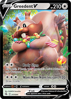 Ultra rare V Pokémon card Greedent V 217/264 from Fusion Strike expansion