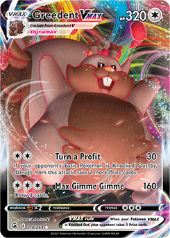 Ultra rare VMAX Pokémon card Greedent VMAX 218/264 from Fusion Strike expansion