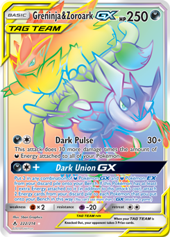 Carte Pokémon Secrète Rainbow GX Amphinobi Zoroark GX 222/214 de la série Alliance Infallible