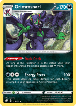 Rare Holo Pokémon card Grimmsnarl 125/192 from Rebel Clash expansion