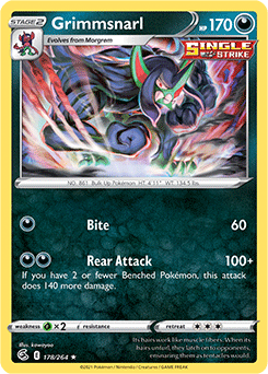 Rare Holo Pokémon card Grimmsnarl 178/264 from Fusion Strike expansion