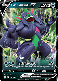 Ultra rare V Pokémon card Grimmsnarl V 114/189 from Darkness Ablaze expansion