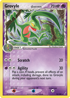 Rare Pokémon card Grovyle 19/100 from Ex Crystal Guardians expansion