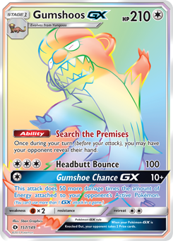 Secret Rainbow GX Pokémon card Gumshoos GX 157/149 from Sun & Moon expansion