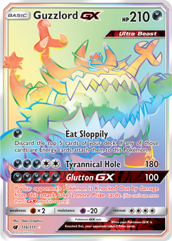 Secret Rainbow GX Pokémon card Guzzlord GX 116/111 from Crimson Invasion expansion