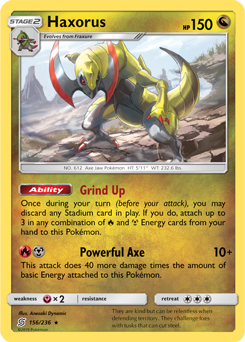Rare holo Pokémon card Haxorus 156/236 from Unified Minds expansion