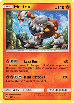 Rare holo Pokémon card Heatran 48/214 from Lost Thunder expansion