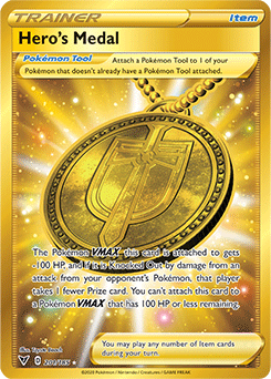 Secret Gold Pokémon card Hero s Medal 201/185 from Vivid Voltage expansion
