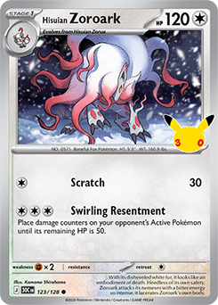 Common Pokémon card Hisuian Zoroark 123/128 from 30th Celebration expansion