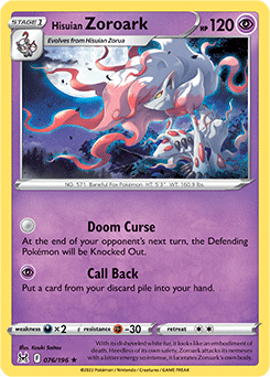 Rare Holo Pokémon card Hisuian Zoroark 076/196 from Lost Origin expansion