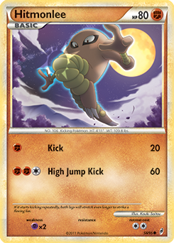 Common Pokémon card Hitmonlee 58/95 from Call of Legends expansion