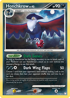 Rare holo Pokémon card Honchkrow 10/123 from Mysterious Treasures expansion