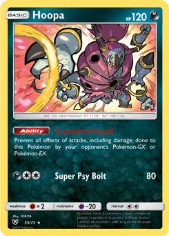 Rare holo Pokémon card Hoopa 55/73 from Shining Legends expansion