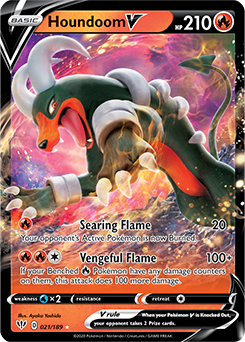 Ultra rare V Pokémon card Houndoom V 21/189 from Darkness Ablaze expansion