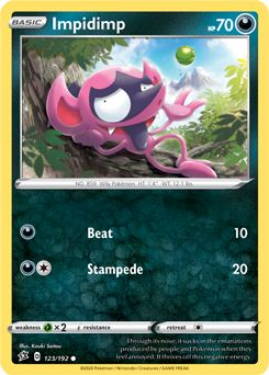 Common Pokémon card Impidimp 123/192 from Rebel Clash expansion