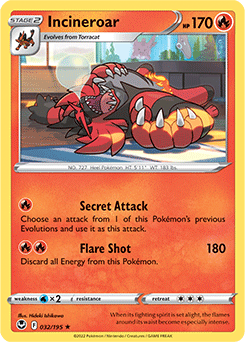 Rare Pokémon card Incineroar 032/195 from Silver Tempest expansion