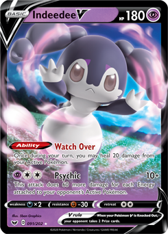 Ultra rare V Pokémon card Indeedee V 91/202 from Sword & Shield expansion