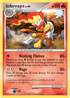 Rare Pokémon card Infernape 31/127 from Platinuim expansion