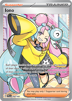 Ultra rare Pokémon card Iono 254/193 from Paldea Evolved expansion