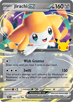 Double rare Pokémon card Jirachi ex 102/128 from 30th Celebration expansion
