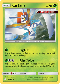Rare holo Pokémon card Kartana 19/214 from Unbroken Bonds expansion