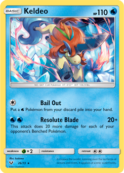 Rare holo Pokémon card Keldeo 26/73 from Shining Legends expansion