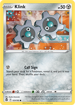 Common Pokémon card Klink 123/195 from Silver Tempest expansion