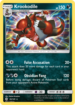 Rare holo Pokémon card Krookodile 85/149 from Sun & Moon expansion