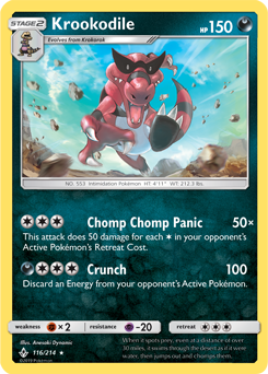 Rare Pokémon card Krookodile 116/214 from Unbroken Bonds expansion