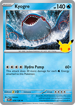 Rare Pokémon card Kyogre 019/128 from 30th Celebration expansion