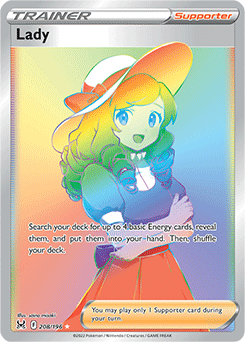 Rainbow Trainer Pokémon card Lady 208/196 from Lost Origin expansion