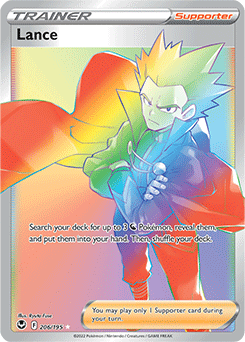 Rainbow Trainer Pokémon card Lance 206/195 from Silver Tempest expansion