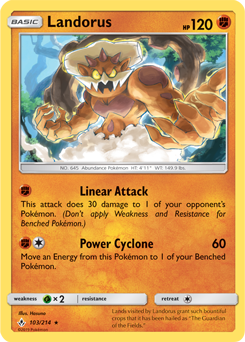 Rare holo Pokémon card Landorus 103/214 from Unbroken Bonds expansion