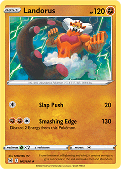 Rare Pokémon card Landorus 105/196 from Lost Origin expansion