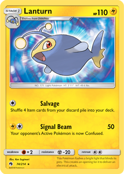 Rare Pokémon card Lanturn 74/214 from Lost Thunder expansion