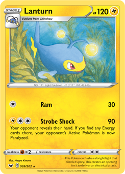 Rare Pokémon card Lanturn 69/202 from Sword & Shield expansion