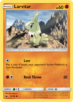 Common Pokémon card Larvitar 74/168 from Celestial Storm expansion