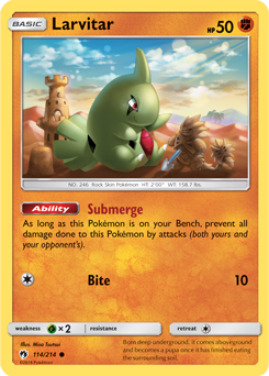 Common Pokémon card Larvitar 114/214 from Lost Thunder expansion