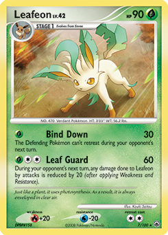 Rare holo Pokémon card Leafeon 7/100 from Majestic Dawn expansion